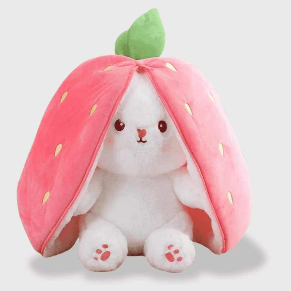 Doudou Lapin Fraise 18 cm : Doudou lapin blanc caché dans une fraise rose avec feuille verte.