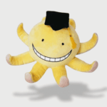 Doudou Pieuvre Professeur Korosensei 8 cm : Doudou pieuvre jaune avec un large sourire et un chapeau de diplômé noir.