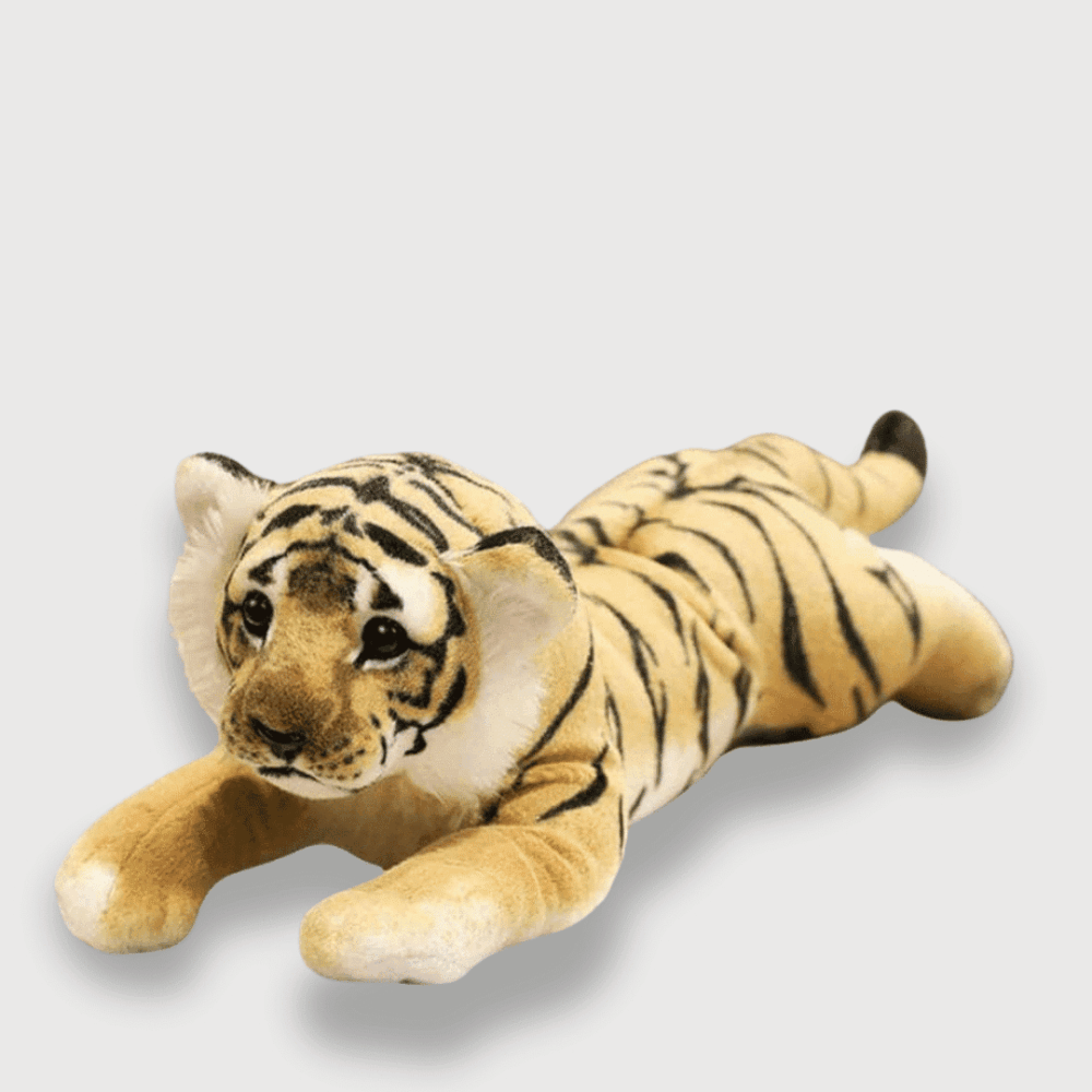 Doudou Tigre Mignon 39 cm : Doudou tigre réaliste orange allongé avec des rayures et un regard doux.