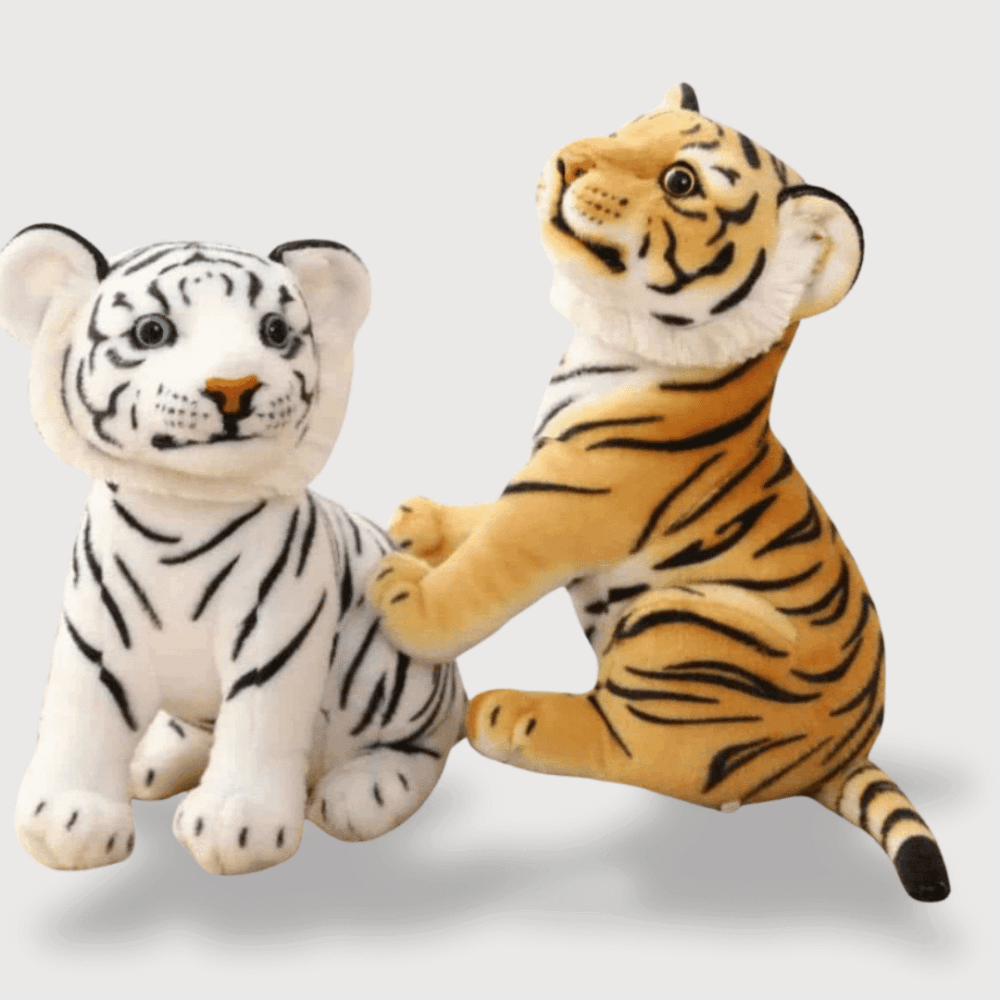 Doudou Tigre Mignon et Réaliste 23 cm : Deux doudous tigres, un blanc et un orange, avec des rayures et une posture expressive.