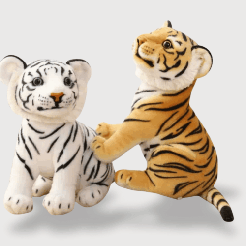 Doudou Tigre Mignon et Réaliste 23 cm : Deux doudous tigres, un blanc et un orange, avec des rayures et une posture expressive.