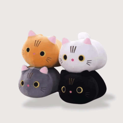 Doudou Chat Rond Unisexe de 25 cm : Quatre doudous chats ronds et mignons en noir, gris, blanc et orange.