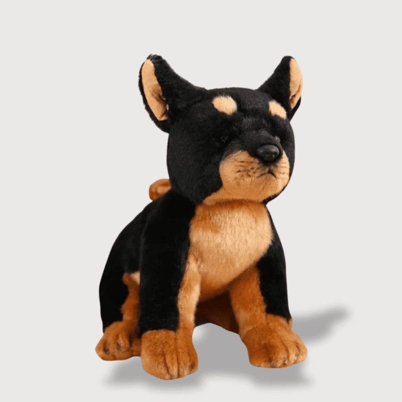 Doudou Chien Doberman pour Enfant : Doudou Doberman noir et marron réaliste, parfait pour les amoureux des chiens.