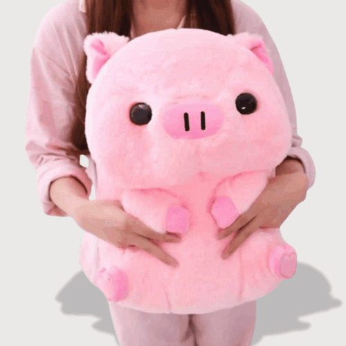 Doudou Cochon Rose Kawaii : Grand doudou cochon rose moelleux avec des pattes rondes.