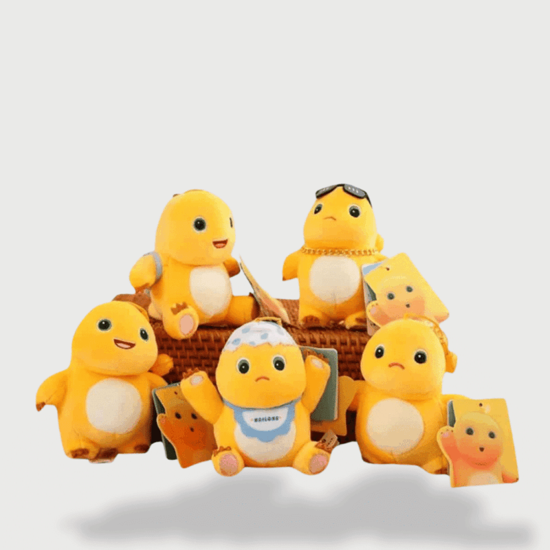 Doudou Dragon Jaune Mignon avec cinq adorables compagnons aux grands yeux colorés brillants, cornes douces et ventres moelleux.