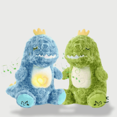Doudou Baby Musical avec deux dinosaures verts et bleus, une couronne sur la tête et des lumières.