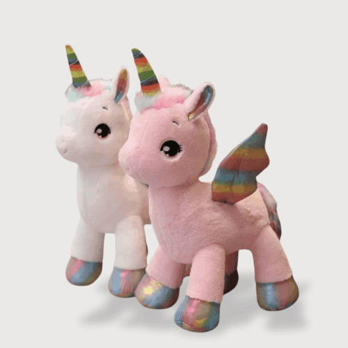 Doudou Licorne pour Fille 40 cm, deux doudous licornes debout rose et blanche aux sabots et cornes arc-en-ciel.