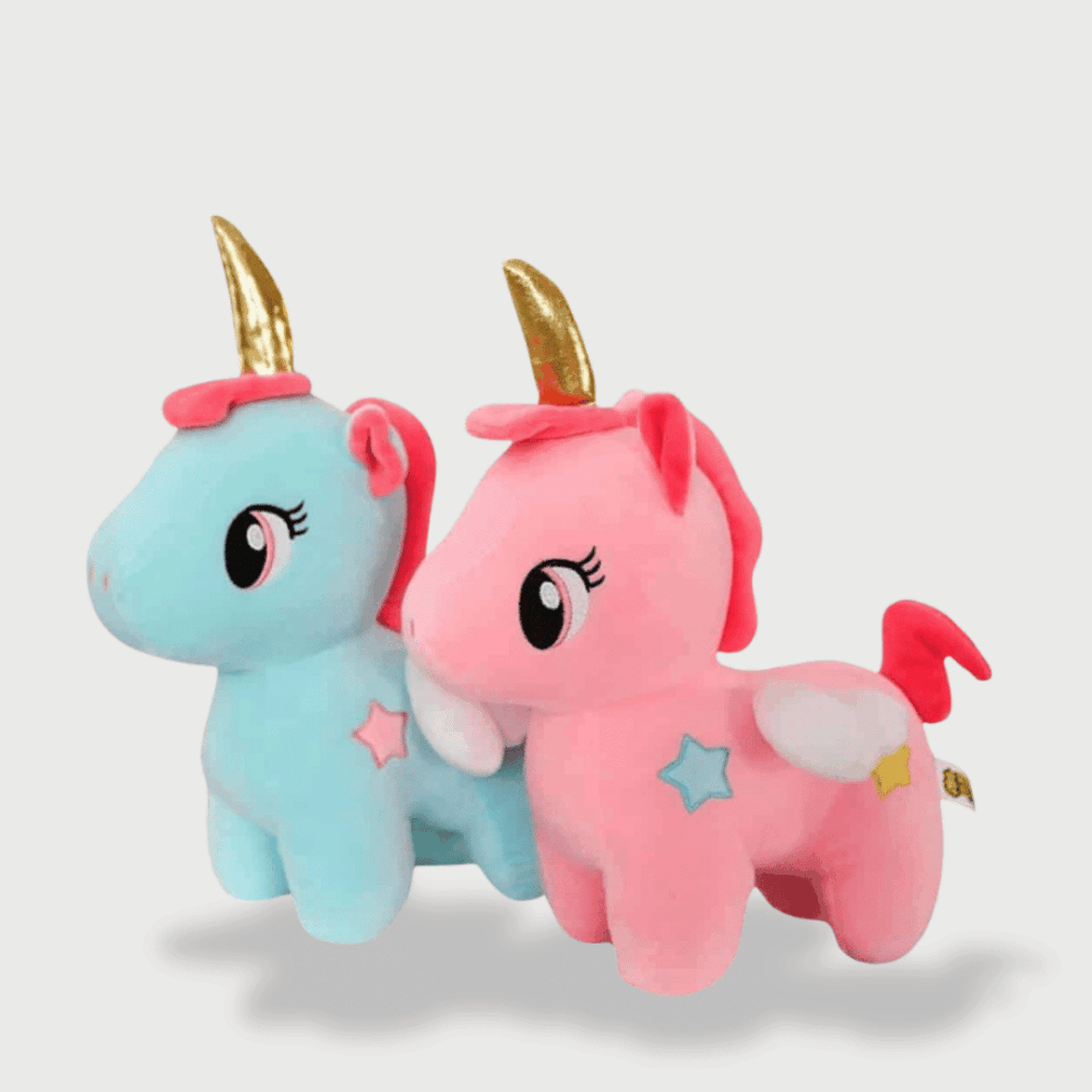 Doudou Licorne de Qualité, deux doudous licornes debout rose et bleue aux cornes dorées et étoiles brodées.