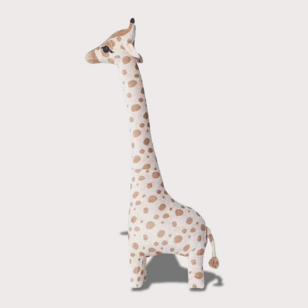Doudou Girafe pour Enfant avec une girafe blanche au long cou et taches marron pastel.