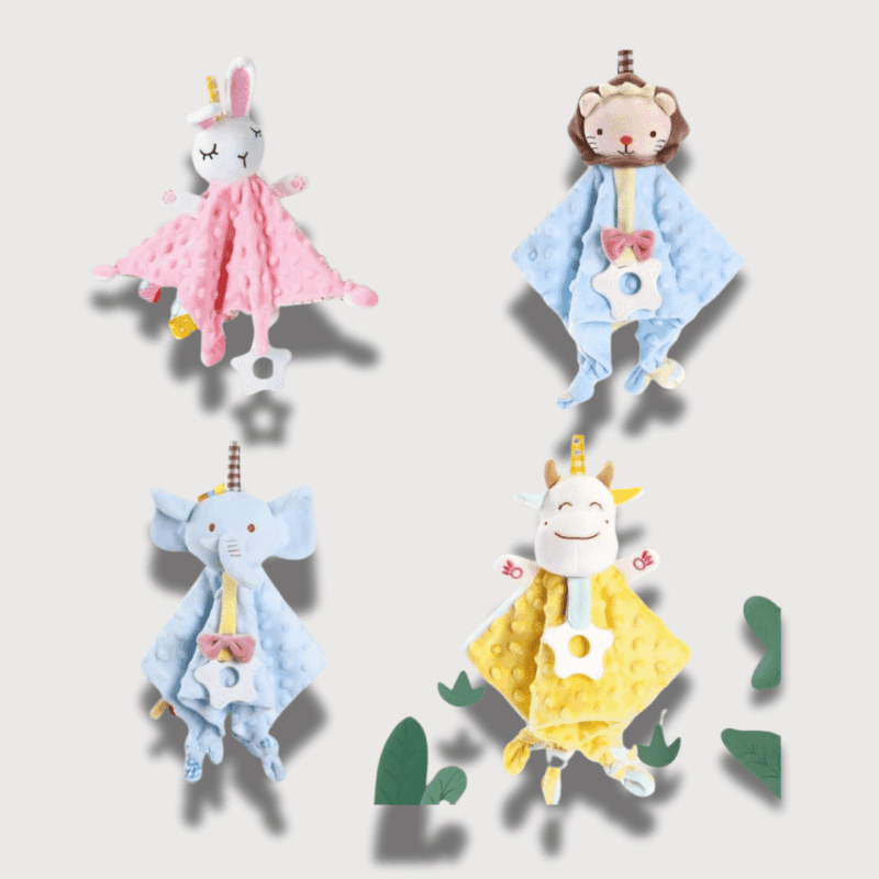 Doudou Lange Animaux Ultra-doux 32 cm : Quatre doudous lange avec des têtes d’animaux, dont un lapin, un éléphant et une girafe.