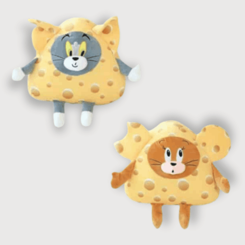 Doudou Adulte Tom et Jerry 38 cm représentant Tom et Jerry en forme de fromage jaune troué, avec un design humoristique.