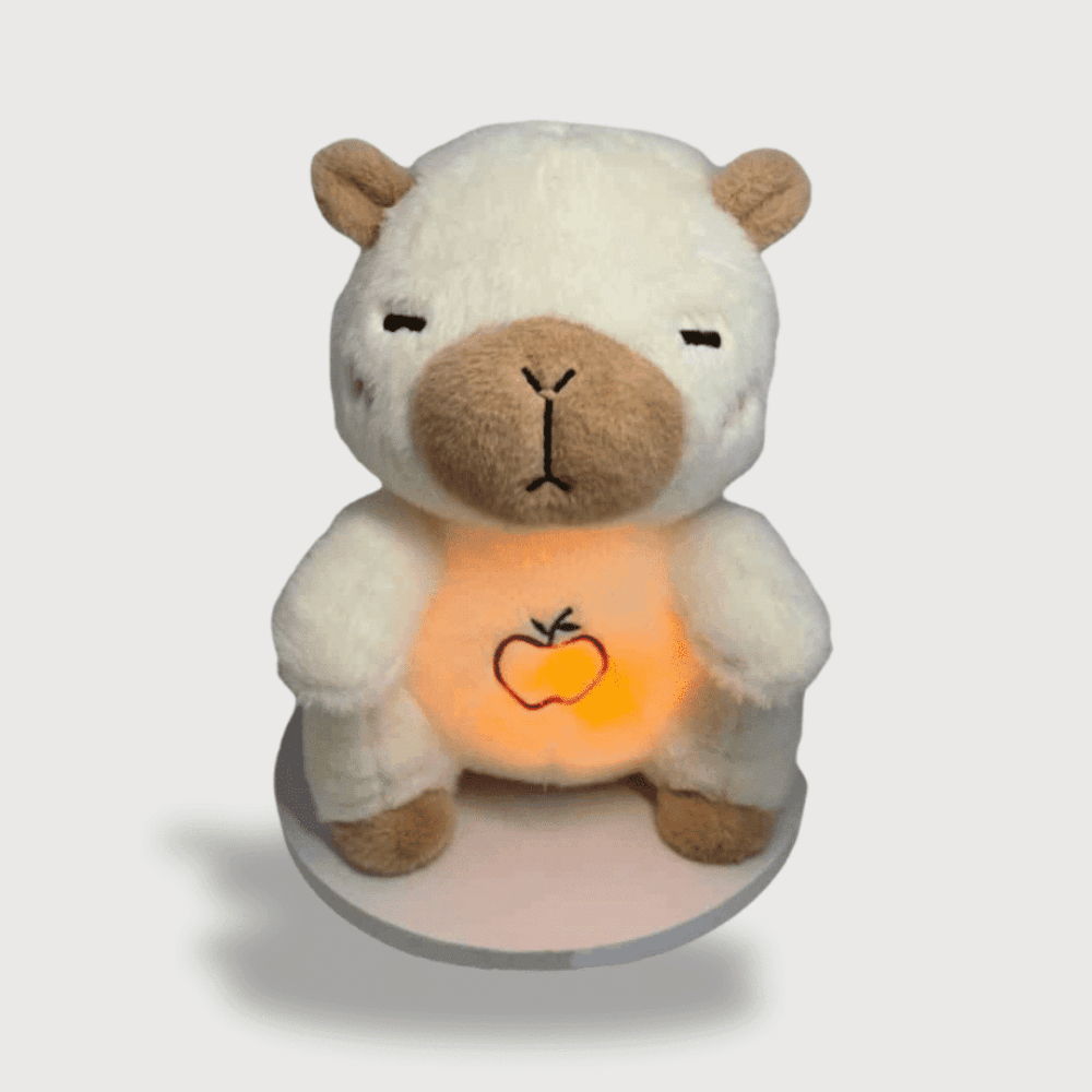 Doudou Ours Mignon Respire 30 cm blanc et marron, avec une pomme lumineuse sur le ventre.