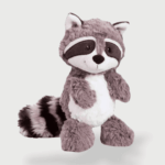 Doudou Raton Laveur pour Enfants, un doudou raton laveur gris debout au ventre blanc et queue rayée.