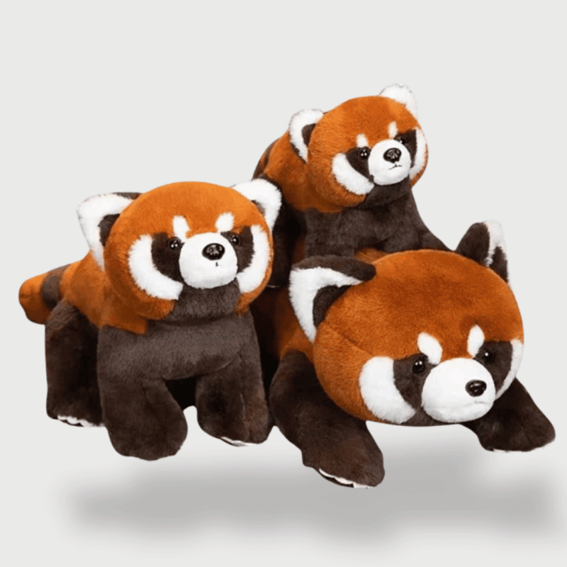 Doudou Raton Laveur Marron : Ensemble de doudous raton laveur allongés avec pelage un roux et blanc.