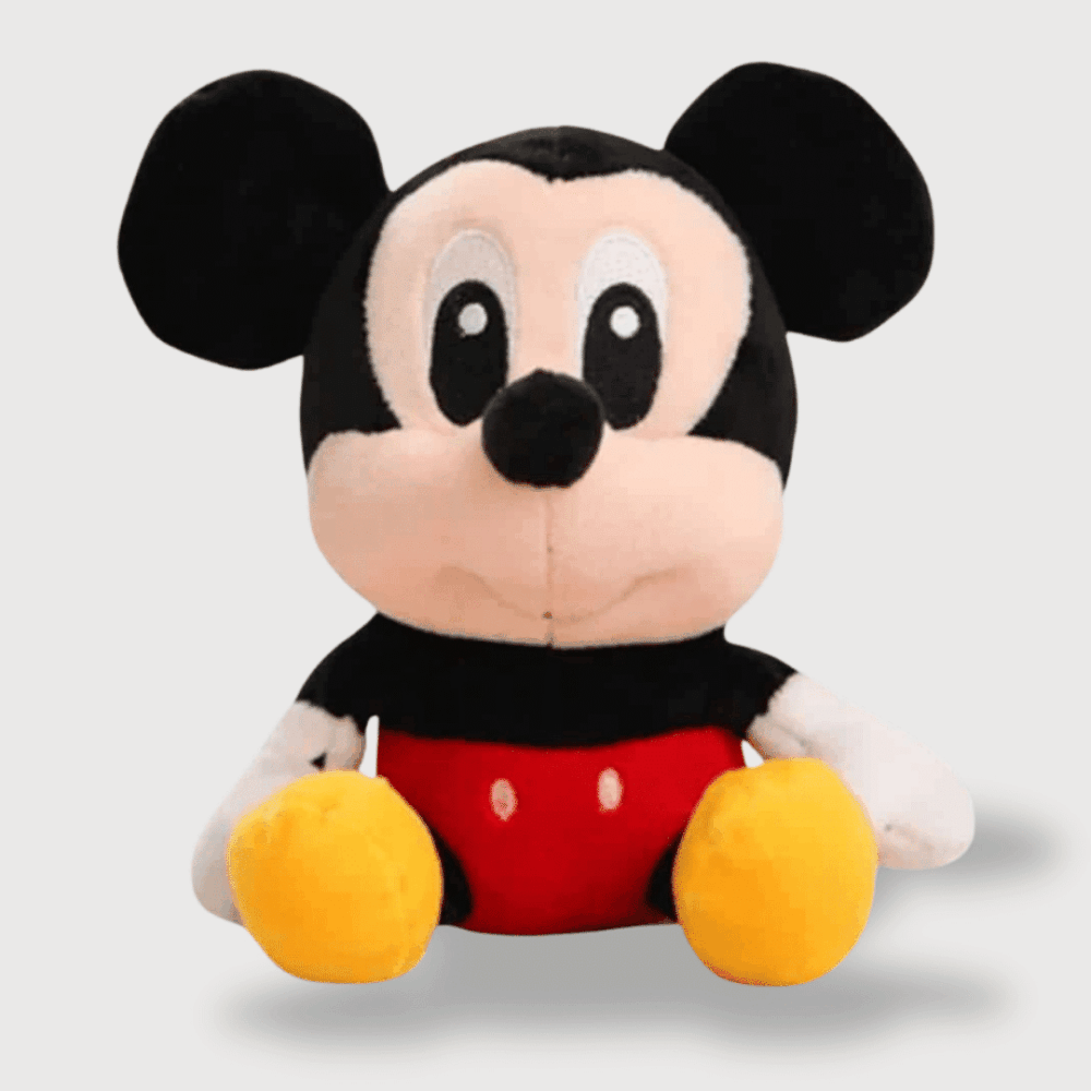 Doudou Mickey Mini 20 cm : Un doudou Mickey petit, en rouge et noir, avec des chaussures jaunes et un regard tendre.
