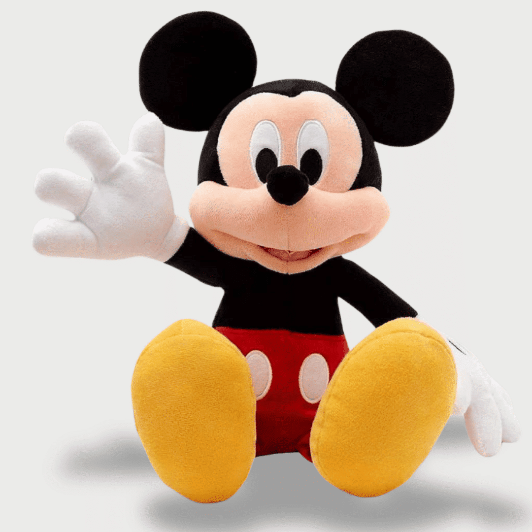 Doudou Mickey pour Enfants 20 cm : Un doudou Mickey assis, en tenue rouge et noire, avec de grandes oreilles et un sourire accueillant.