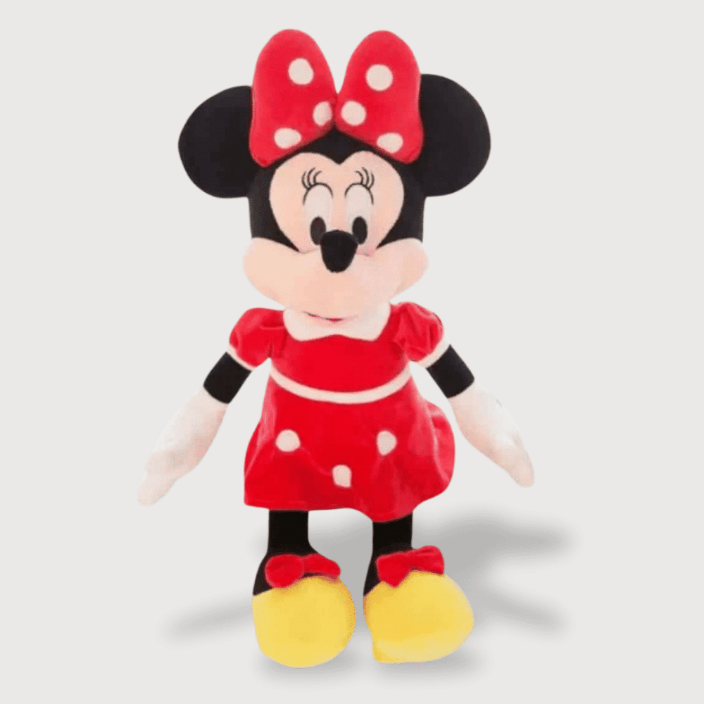 Doudou Minnie Rouge : Un doudou Minnie en robe rouge à pois blancs avec un nœud rouge et des chaussures jaunes.
