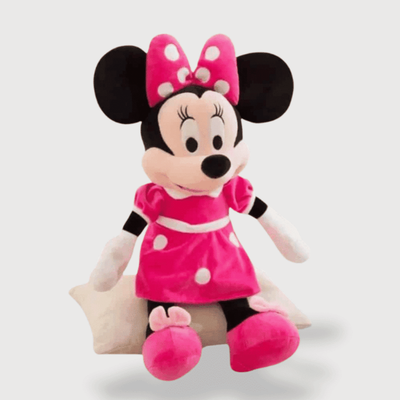 Doudou Minnie Rose : Un doudou Minnie en robe rose à pois blancs avec un grand nœud rose et des chaussures assorties.