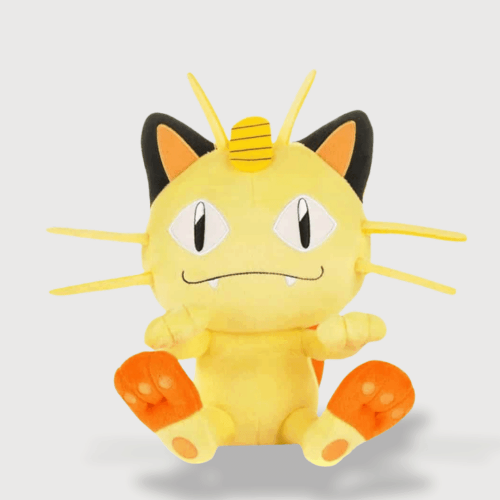Doudou Pokemon Miaouss : Un doudou Miaouss jaune avec des pattes orange, des moustaches fines et un sourire espiègle.