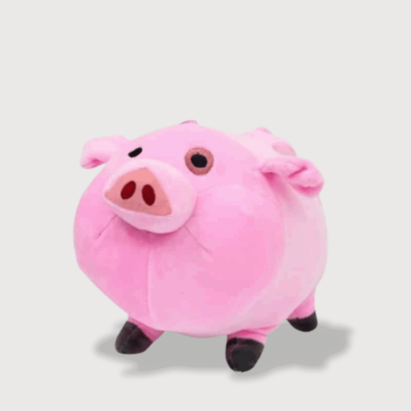 Doudou Rose Dandinou représentant un cochon rose rond et dodu, avec de petites oreilles et pattes noires.