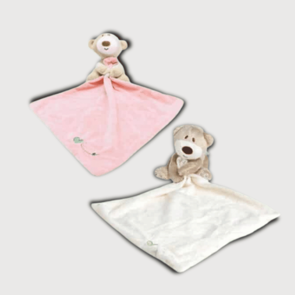 Doudou Baby Mouchoir Doux 27 cm : Deux doudous en tissu doux, un rose et un blanc, avec une tête de nounours.