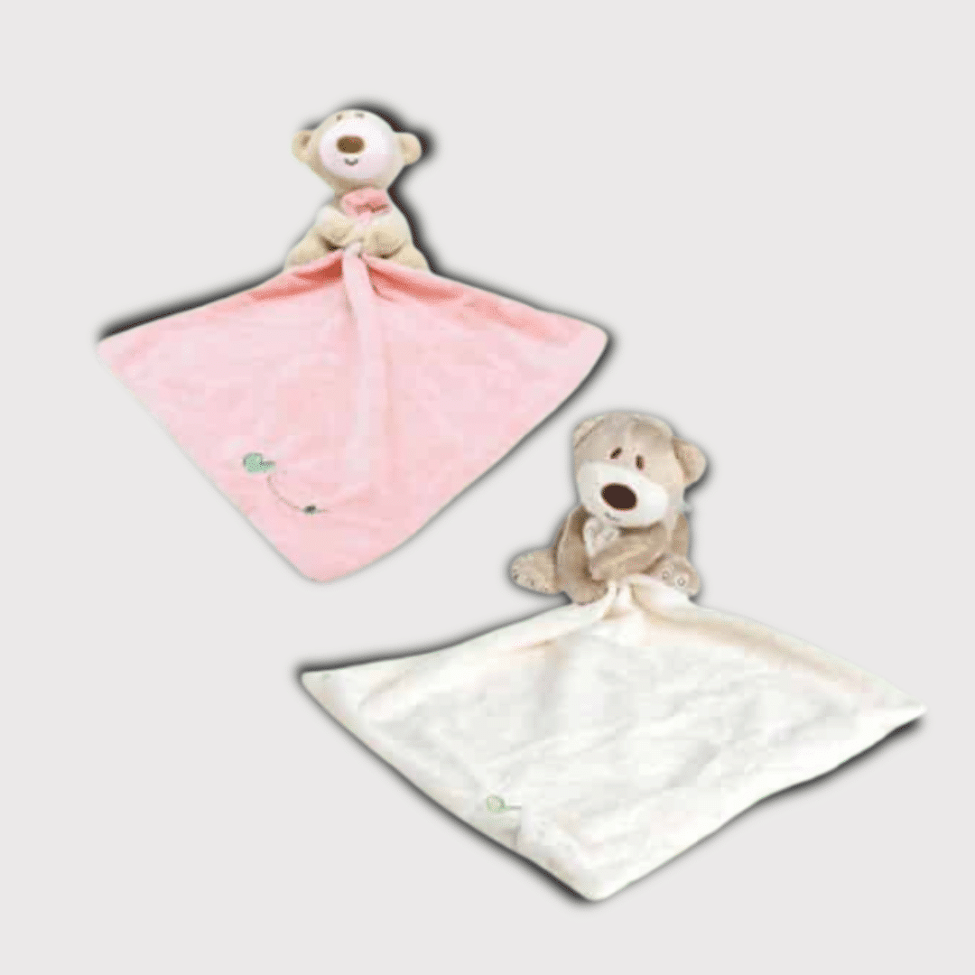 Doudou Baby Mouchoir Doux 27 cm 1 Doudou Baby Mouchoir Doux 27 cm : Deux doudous en tissu doux, un rose et un blanc, avec une tête de nounours.