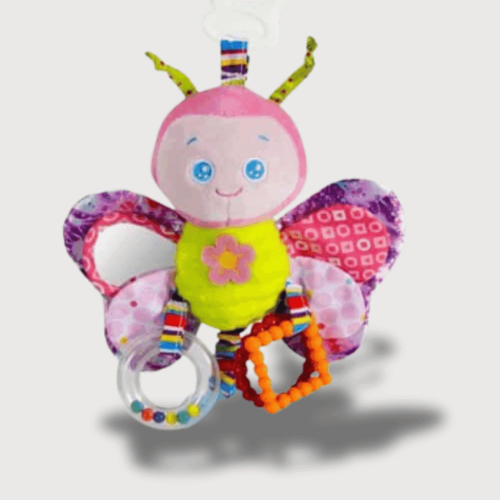 Doudou Musical Abeille avec des ailes colorées, un visage souriant, un corps rond et des accessoires sensoriels.