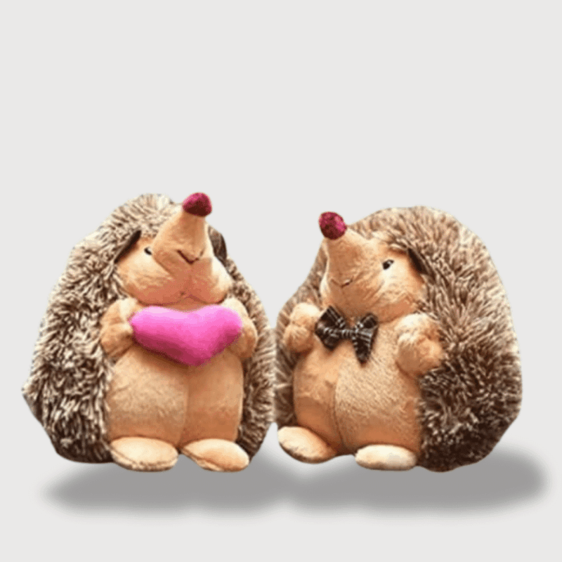 Doudou Petit Hérisson en duo, l'un tenant un cœur rose et l'autre portant un nœud papillon.