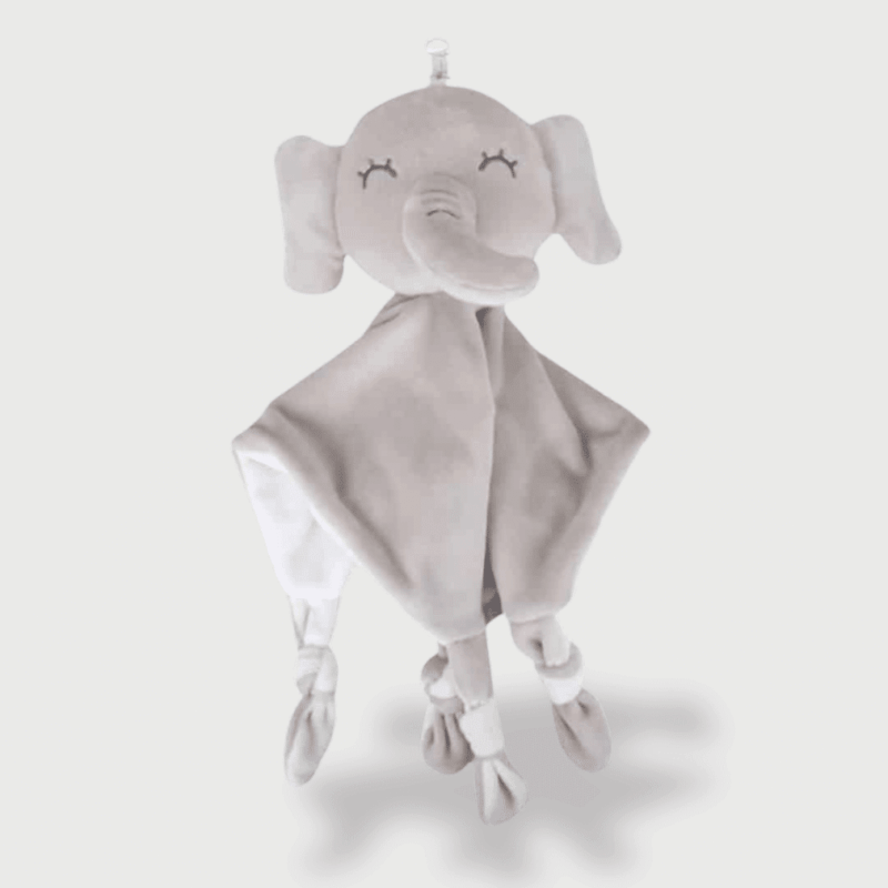 Doudou Eléphant Mouchoir avec un éléphant gris aux grandes oreilles et un tissu souple en guise de corps.