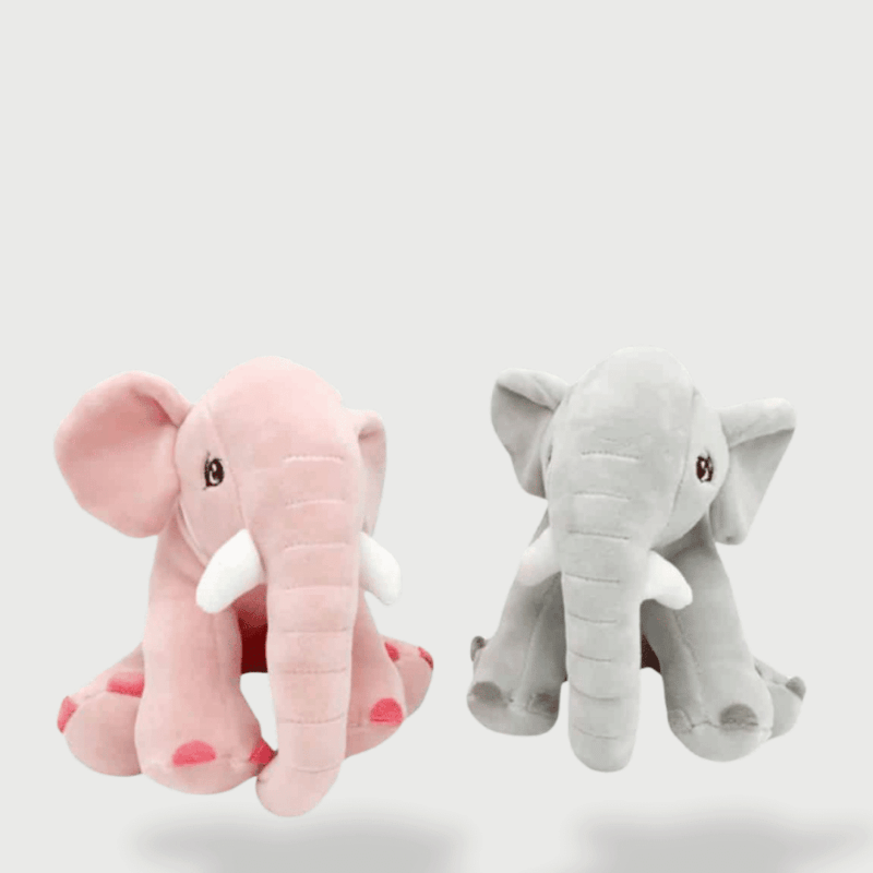 Doudou Eléphant Style Kawaii avec deux éléphants roses et gris aux grandes pattes et défenses blanches.