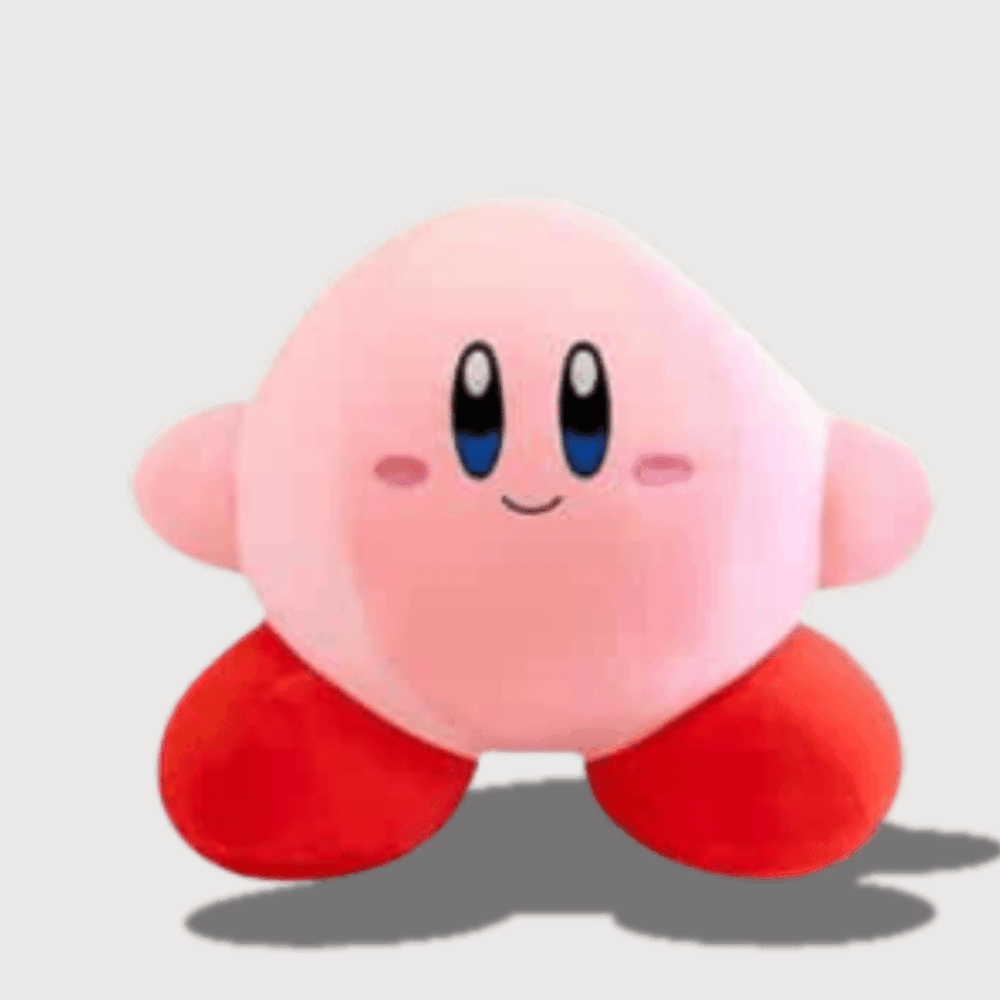 Doudou Rose Kirby : Un doudou Kirby rose avec de grands yeux bleus et des pieds rouges.