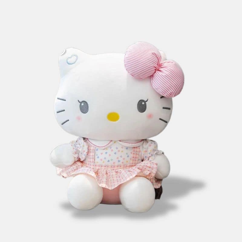 Peluche Hello Kitty Rose Kawaii avec une robe rose et blanc et un noeud marinière rose assis