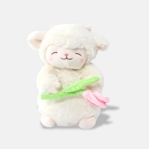 Doudou Mouton Doux avec Fleur, doudou mouton blanc tenant une fleur rose