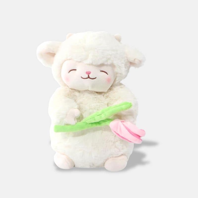 Doudou Mouton Doux avec Fleur, doudou mouton blanc tenant une fleur rose
