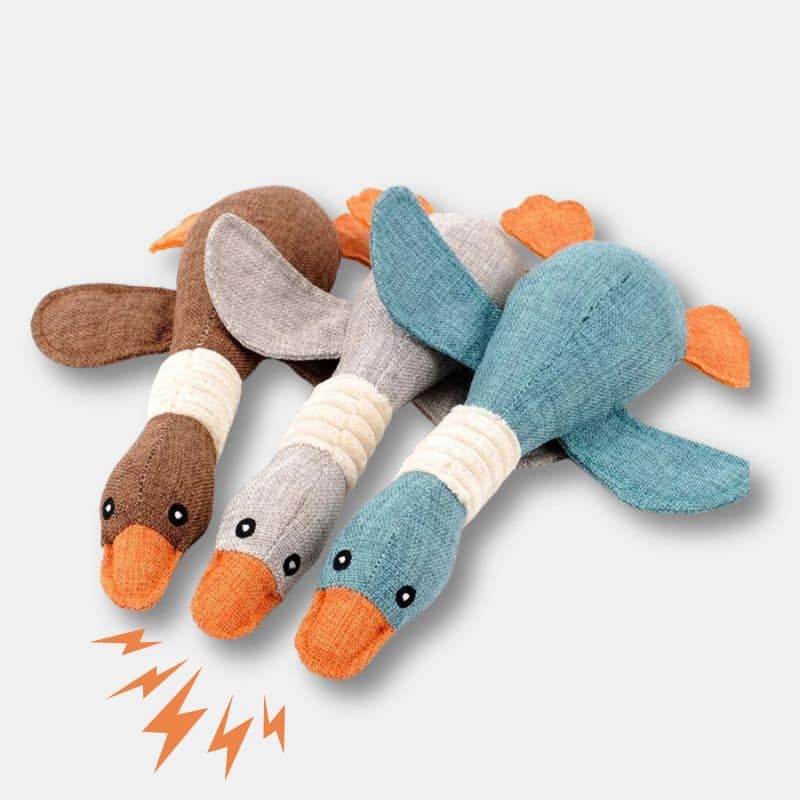 Peluche Canard Allongé de couleur marron, gris et bleu, peluche canard pour chien, peluche canard de 33 cm