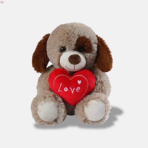 Peluche Chien Adorable tenant un coeur rouge, peluche chien marron