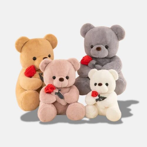 Peluche Saint-Valentin Ours Adorable gris, marron, rose, blanc, ours en peluche qui tient une rose