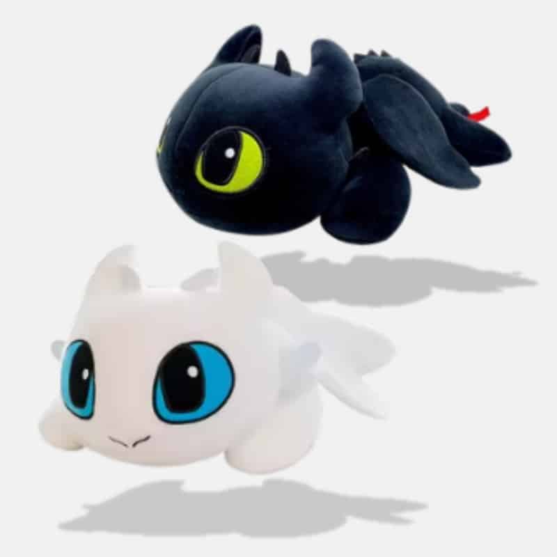 Peluche Dragon Furie Éclair noir et blanc, peluche furie éclair noir avec yeux jaune et blanc avec yeux bleu