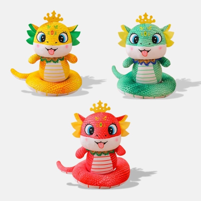 Peluche Serpent Nouvel An Chinois jaune, vert et rouge, peluche serpent chinois