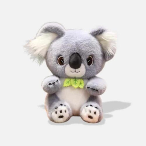 Peluche Koala Adorable gris et blanc avec 3 feuilles vertes autour du cou, mini koala en peluche