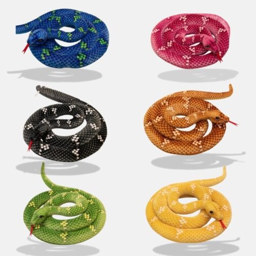 Peluche Serpent Ultra-Doux de couleur bleu, violet, noir, marron clair, vert et jaune