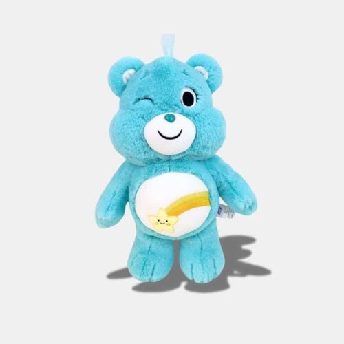 Peluche Bisounours Toumagique Adorable Bleu avec une étoile filante jaune sur le ventre, peluche ours bleu