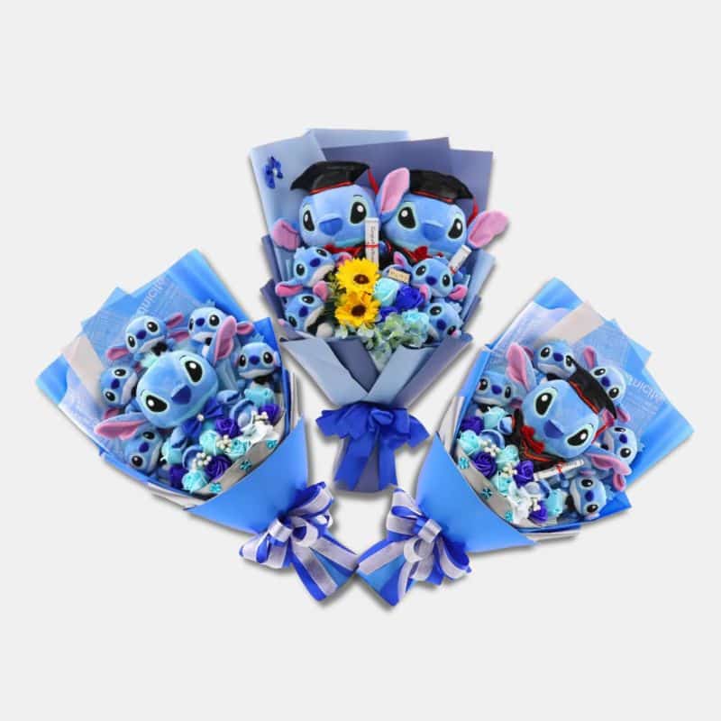 Bouquet de Peluches Stitch avec Fleurs Adorables, peluche stitch dans un bouquet, bouquet cadeau stitch