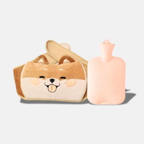 Peluche Bouillotte Ceinture Shiba Inu avec son sac à eau chaude rose d'une capacité de 1000ML, bouillotte Shiba Inu