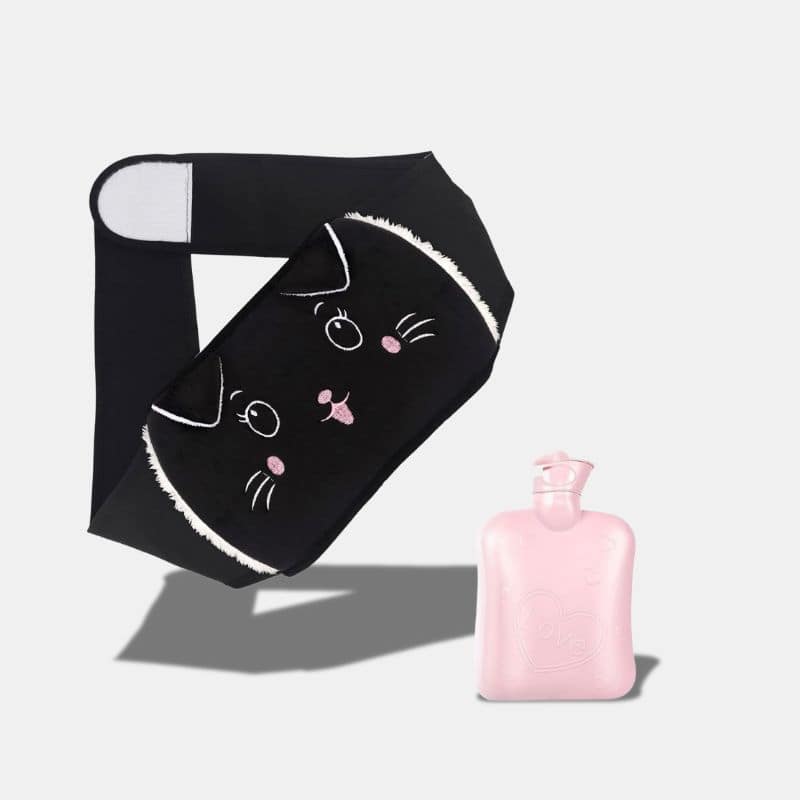 Peluche Bouillotte Ceinture Chat noir avec son sac à eau rose d'une capacité de 1000ML, bouillotte sous forme de ceinture, bouillotte pour soulagement
