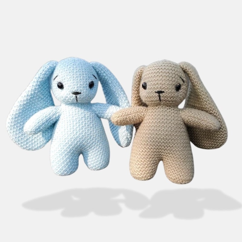 Peluche Tricot Lapin bleu et marron de 15 cm, mini peluche lapin bleu et marron