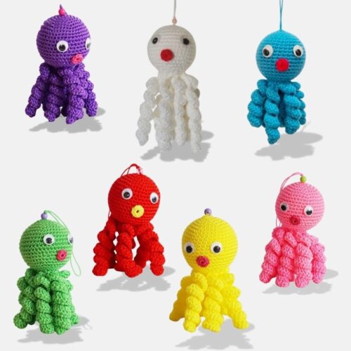 Peluche Tricot Poulpe de 12 cm de couleur bleu, rouge, violet, jaune, rose, blanc et vert, mini peluche poulpe