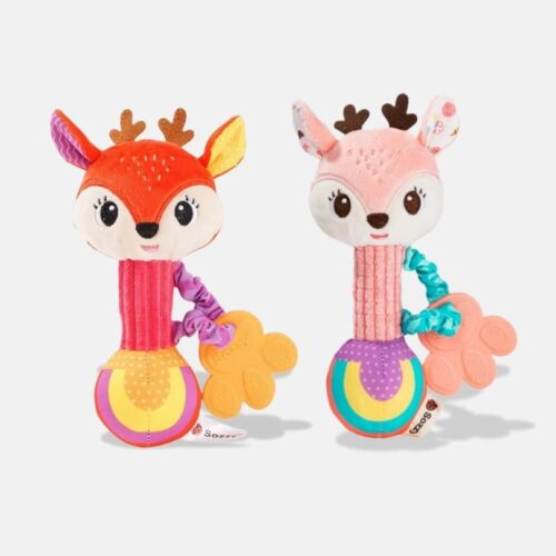 Peluche Musicale Hochet Cerf de 19 cm, peluche cerf orange et rose, peluche musicale orange et rose