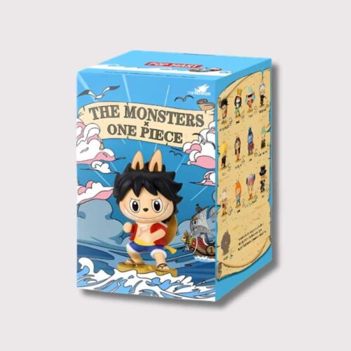Boîte Mystère Figurine Labubu Style The Monsters One Piece, boite bleu avec luffy style labubu