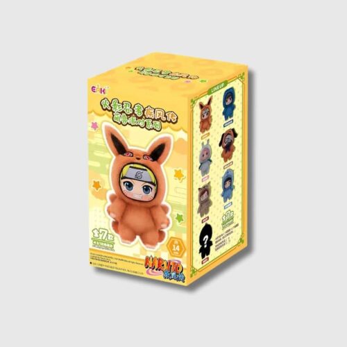 Boîte Mystère Figurine Labubu Style Naruto, boite surprise jaune contenant peluche naruto déguisé en labubu